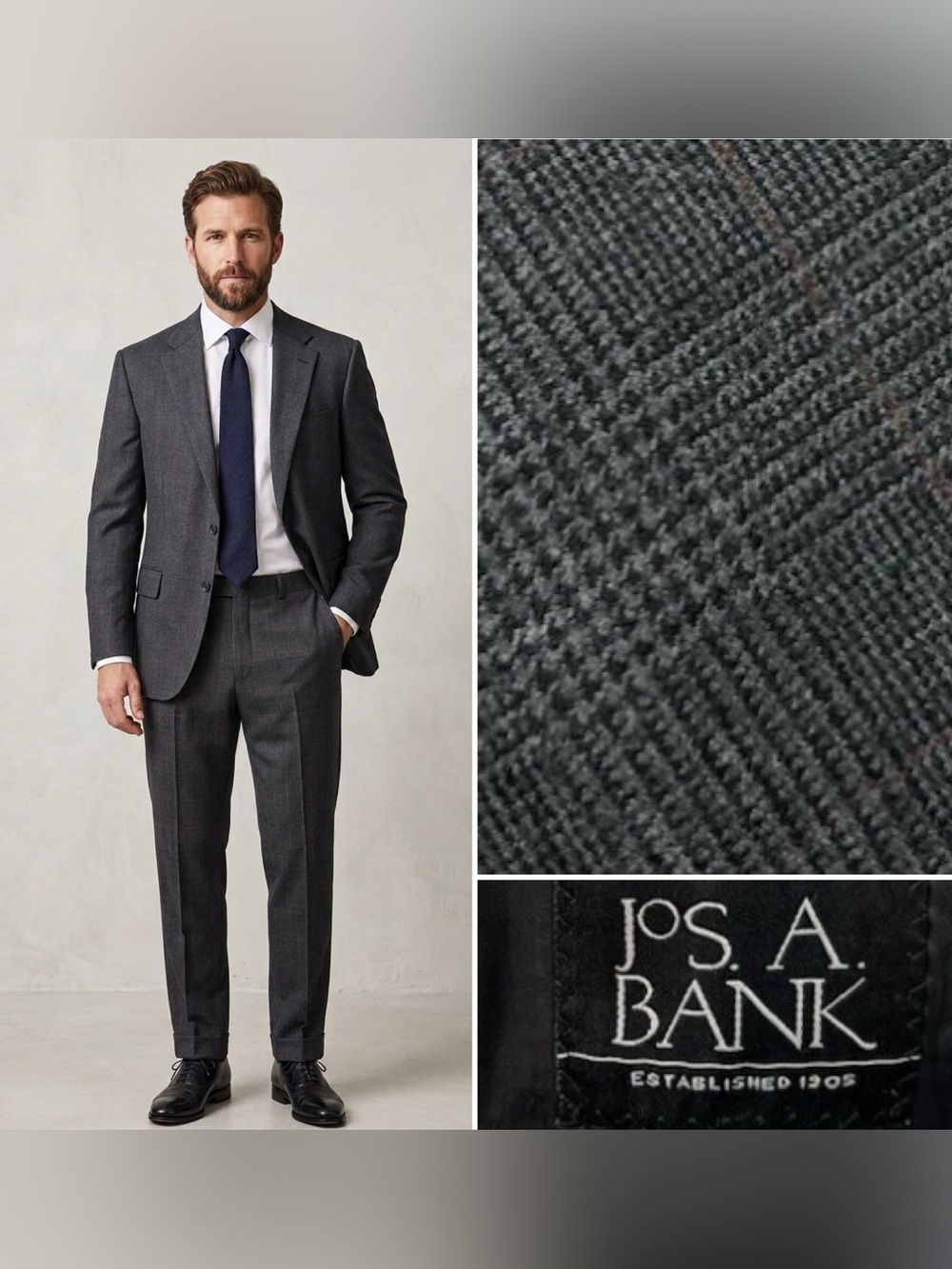 Jos. A. Bank Men’s 44R X 39W Gray Glen Plaid Wool Cashmere Blend Suit